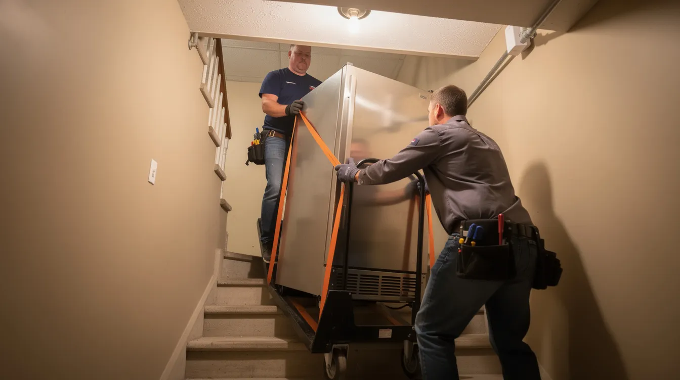 Two workers are carefully maneuvering a stainless steel refrigerator down a narrow basement staircase using lifting straps and a dolly, showcasing the careful handling required for appliance removal. This scene highlights the importance of professional appliance removal services for efficient and responsible disposal of heavy appliances.