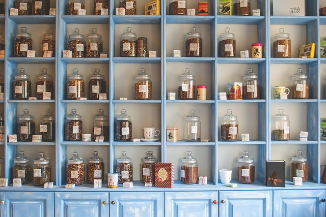 jars, herbs, shelves