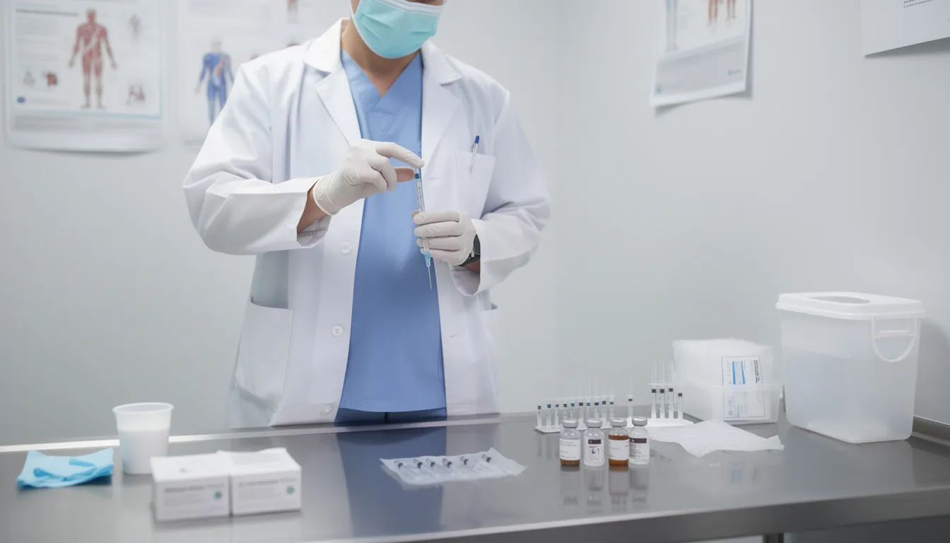 A medical professional is in a clinical setting, preparing an injection with various medical supplies visible, indicating a focus on weight management and blood sugar control. The scene suggests a discussion about switching from semaglutide to tirzepatide as part of a personalized weight loss program.