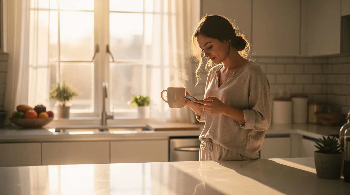 A busy mom stands at her kitchen counter, sipping coffee and checking her phone as morning light brightens the space. This scene captures the essence of daily life for many moms, balancing tasks and managing a busy schedule while seeking effective time management tips.