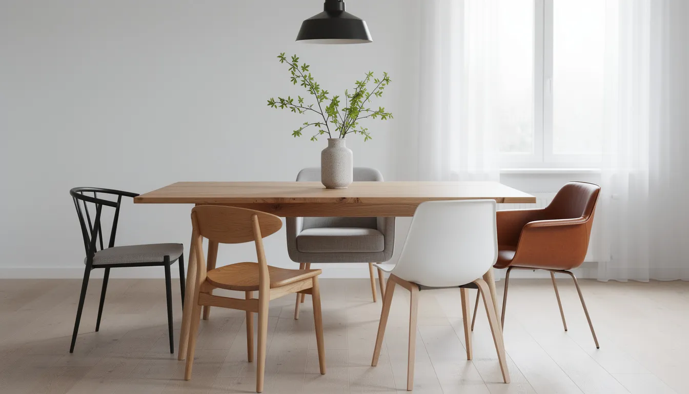 Een moderne eethoek met een houten eettafel, omringd door verschillende stijlen eetkamerstoelen, waaronder draaibare en kuipstoelen in zachte stoffen zoals microvezel en cognac. Deze combinatie creëert een speels effect en biedt ideaal zitcomfort voor een gezellige maaltijd.