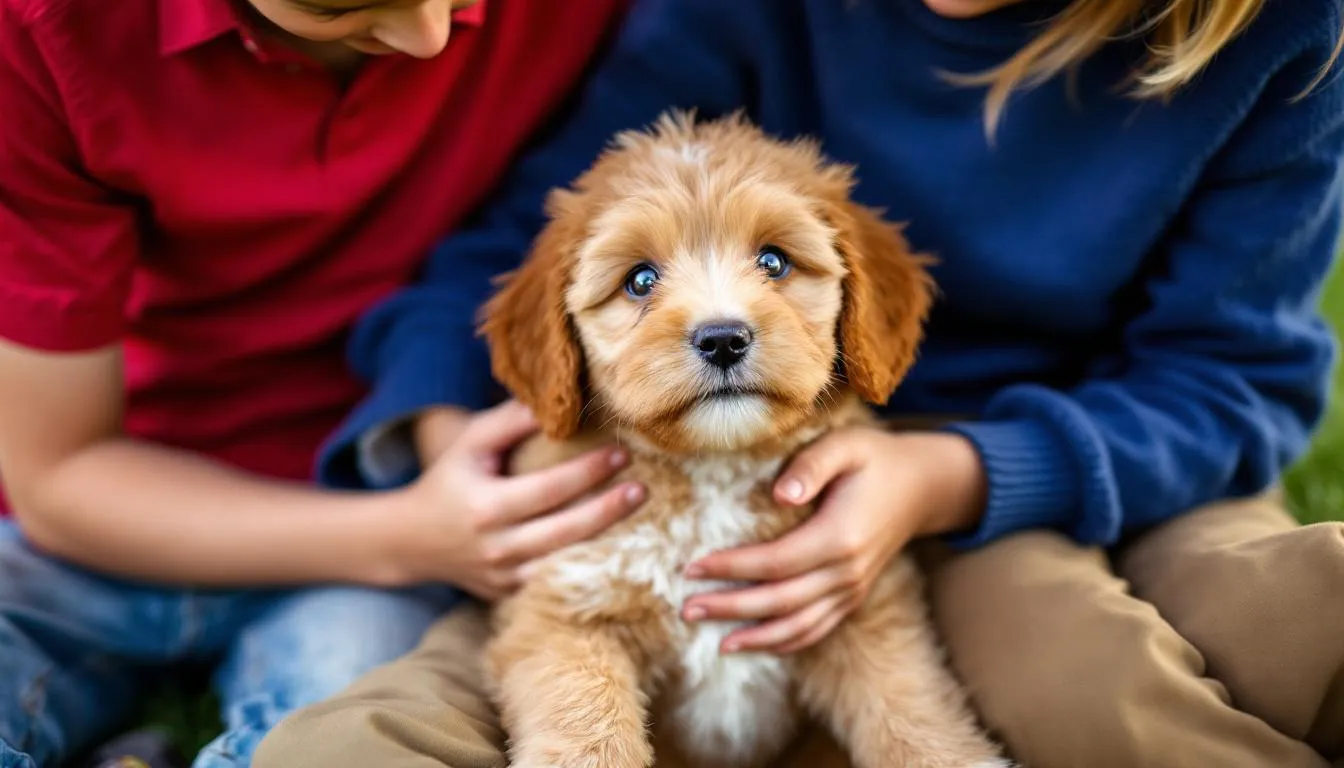 A young toy goldendoodle puppy with a curly coat is being gently held by children, showcasing its affectionate nature and friendly demeanor. The scene captures the joyful interaction between the playful pup and its new family members, highlighting the gentle disposition of this popular choice for pet owners.
