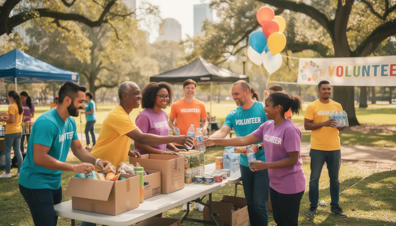 A diverse group of dedicated volunteers, wearing matching t-shirts, collaborates at an outdoor community event, demonstrating effective volunteer management and teamwork. Their collective efforts highlight the importance of volunteer engagement and coordination in achieving the organization's goals.