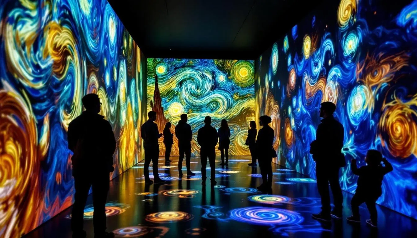 In einem dunklen Raum stehen Menschen umgeben von bunten, bewegten Projektionen von Van Gogh Gemälden, die an Wänden und Boden lebendig werden und ein faszinierendes Multimedia-Spektakel bieten. Diese immersive Erfahrung entführt die Besucher in die farbenfrohe Welt der Meisterwerke des Künstlers und schafft eine einzigartige Atmosphäre der Kunst und Kultur.