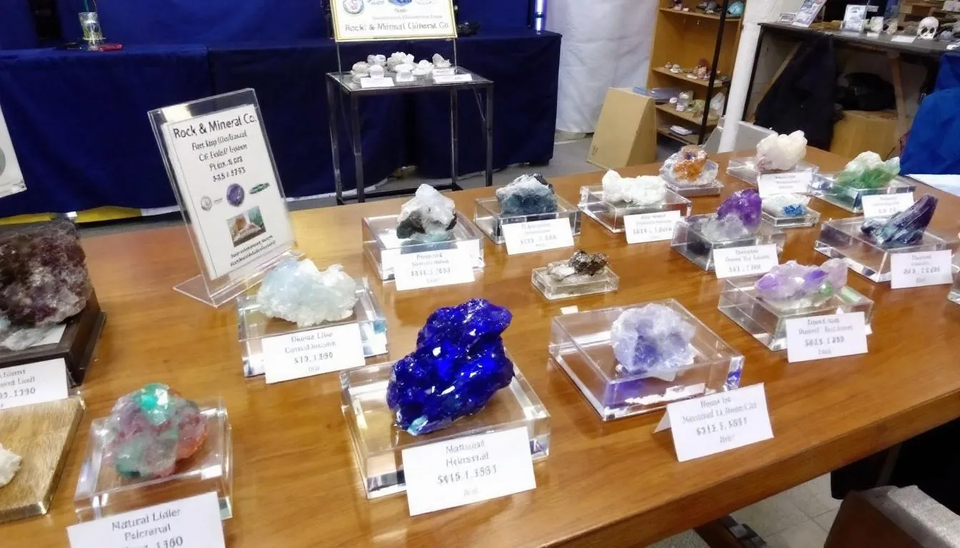 Natural crystal gemstones are elegantly displayed at a gem and mineral show, each with price tags and vendor information, showcasing a beautiful collection perfect for crafting unique crystal bracelets. This vibrant selection invites shoppers to explore the beauty and energy of these gemstones, ideal for gifts or personal style enhancements.