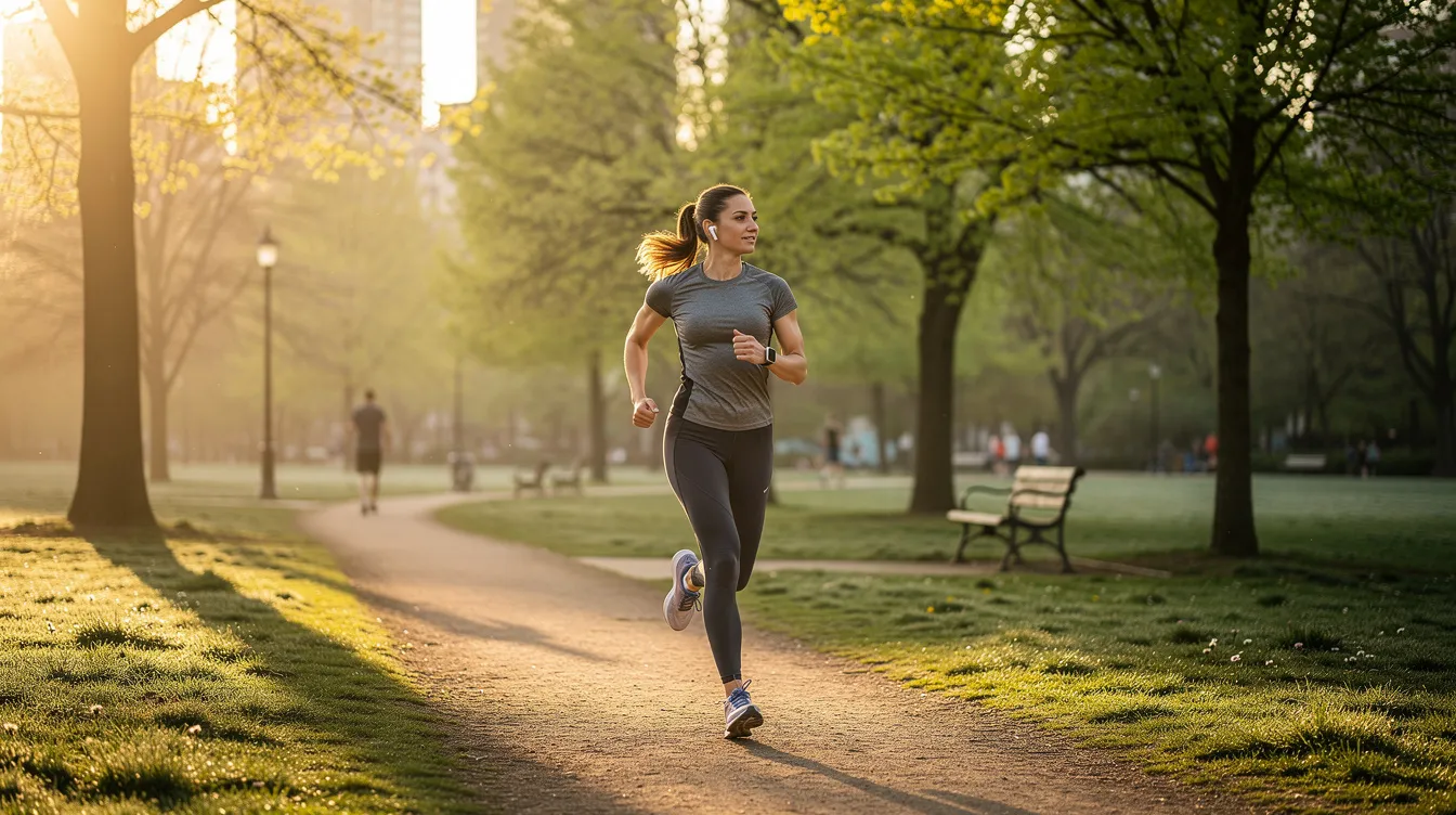 A woman is jogging on a sunlit trail in a park, embodying a healthy lifestyle and promoting weight loss through regular exercise. Her commitment to fitness may be complemented by weight loss supplements like green coffee bean extract, which support fat metabolism and help control cravings for a balanced diet.