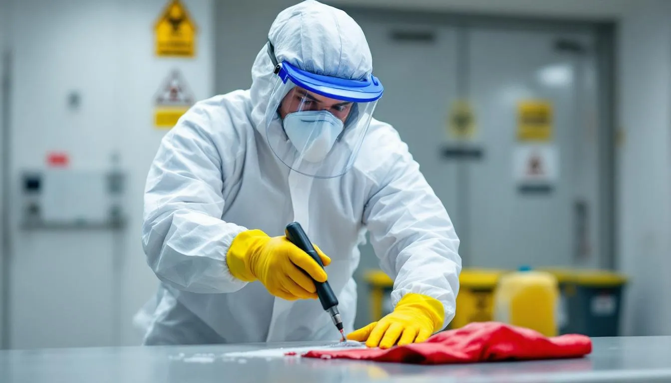 In the image, a group of individuals is participating in a training session focused on the proper use of biohazard cleanup equipment and safety protocols, essential for biohazard cleanup services. The session emphasizes the importance of knowledge and teamwork in handling trauma scene cleaning and other biohazard situations effectively.