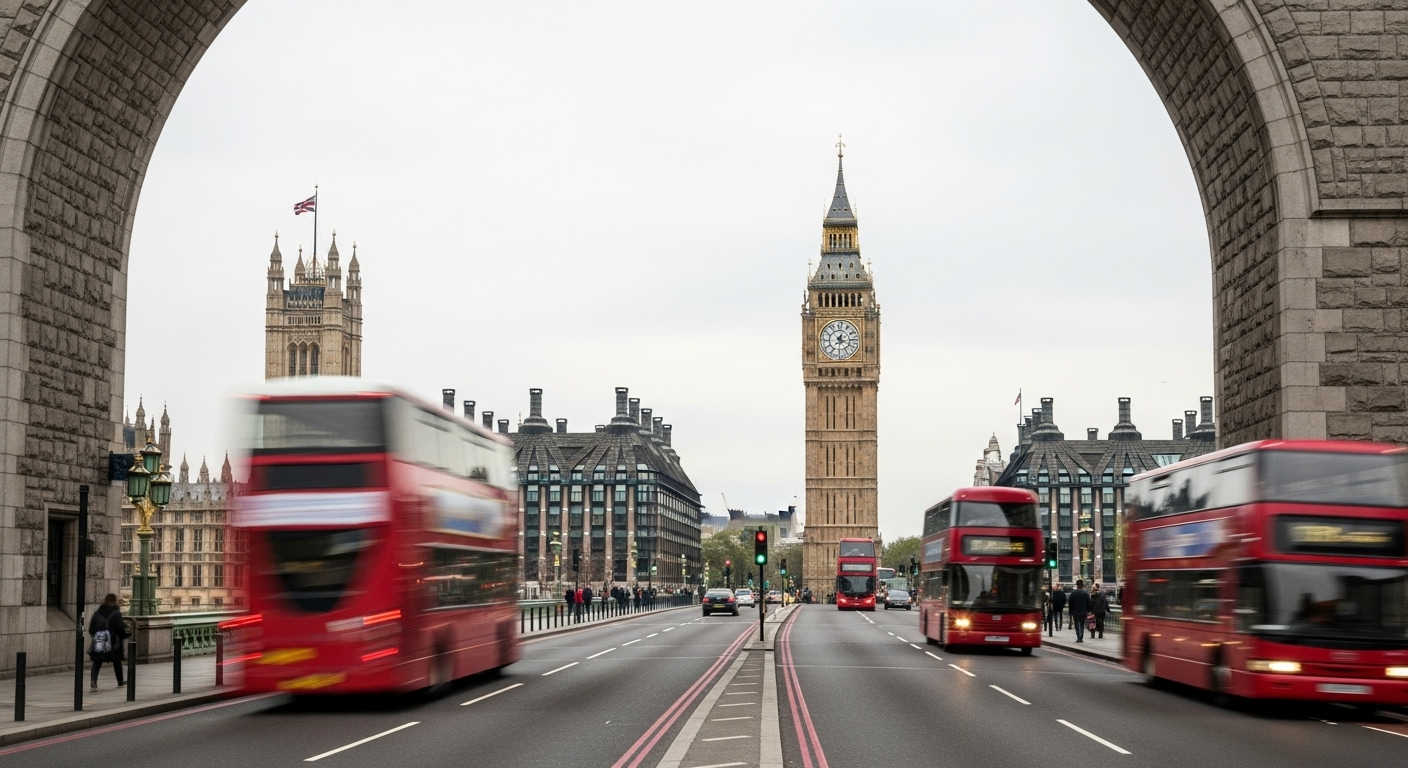 London city scene with famous landmarks like Big Ben and Tower Bridge appearing naturally in the background as part of everyday urban life.