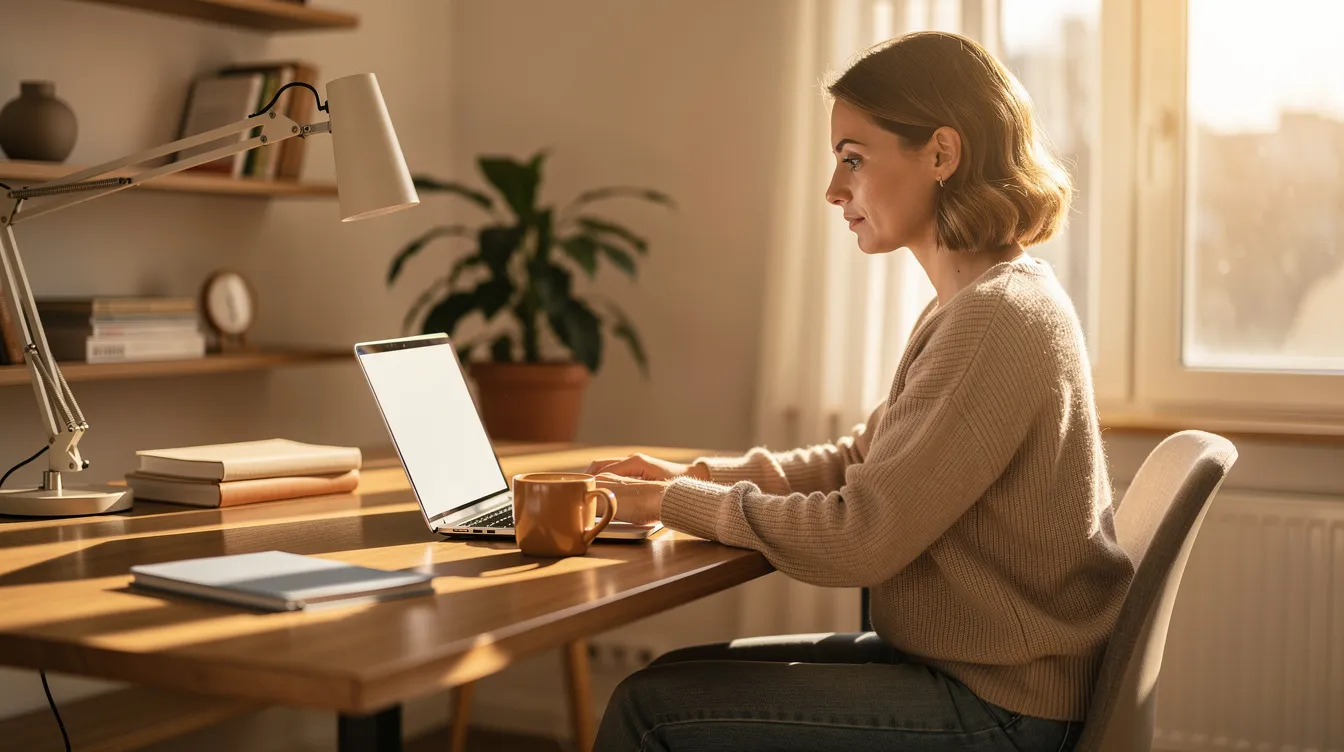 A woman is seated at her home office desk, focused on her laptop while enjoying a cup of coffee, with sunlight streaming through the window. This scene embodies the spirit of female entrepreneurs and the pursuit of success in business ownership.