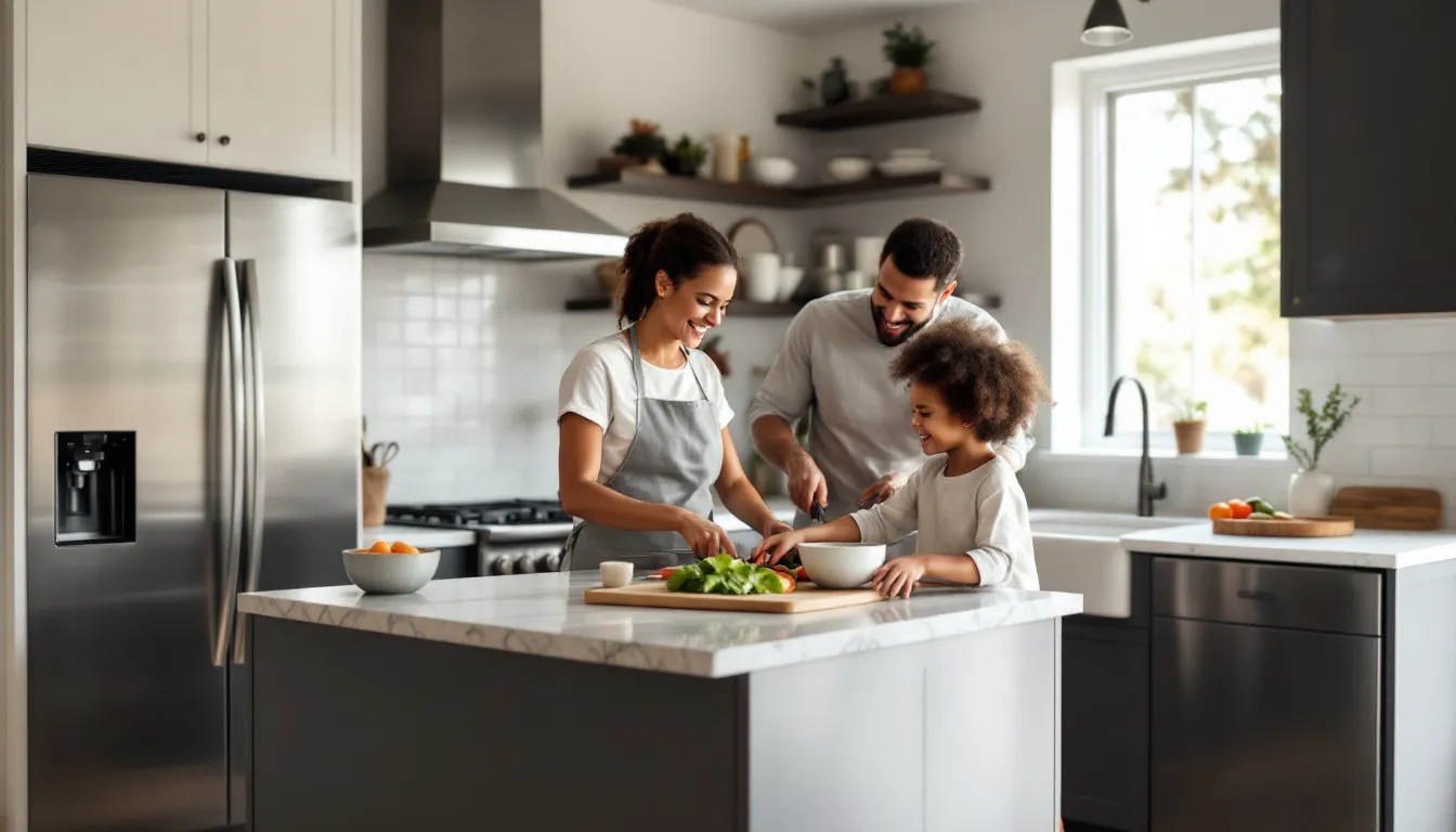 In a bright and modern kitchen, a family joyfully cooks together, surrounded by sleek countertops and new appliances, showcasing a functional space ideal for meal prep. The inviting kitchen layout emphasizes the importance of a well-designed area for creating lasting memories and improving overall cooking experiences.