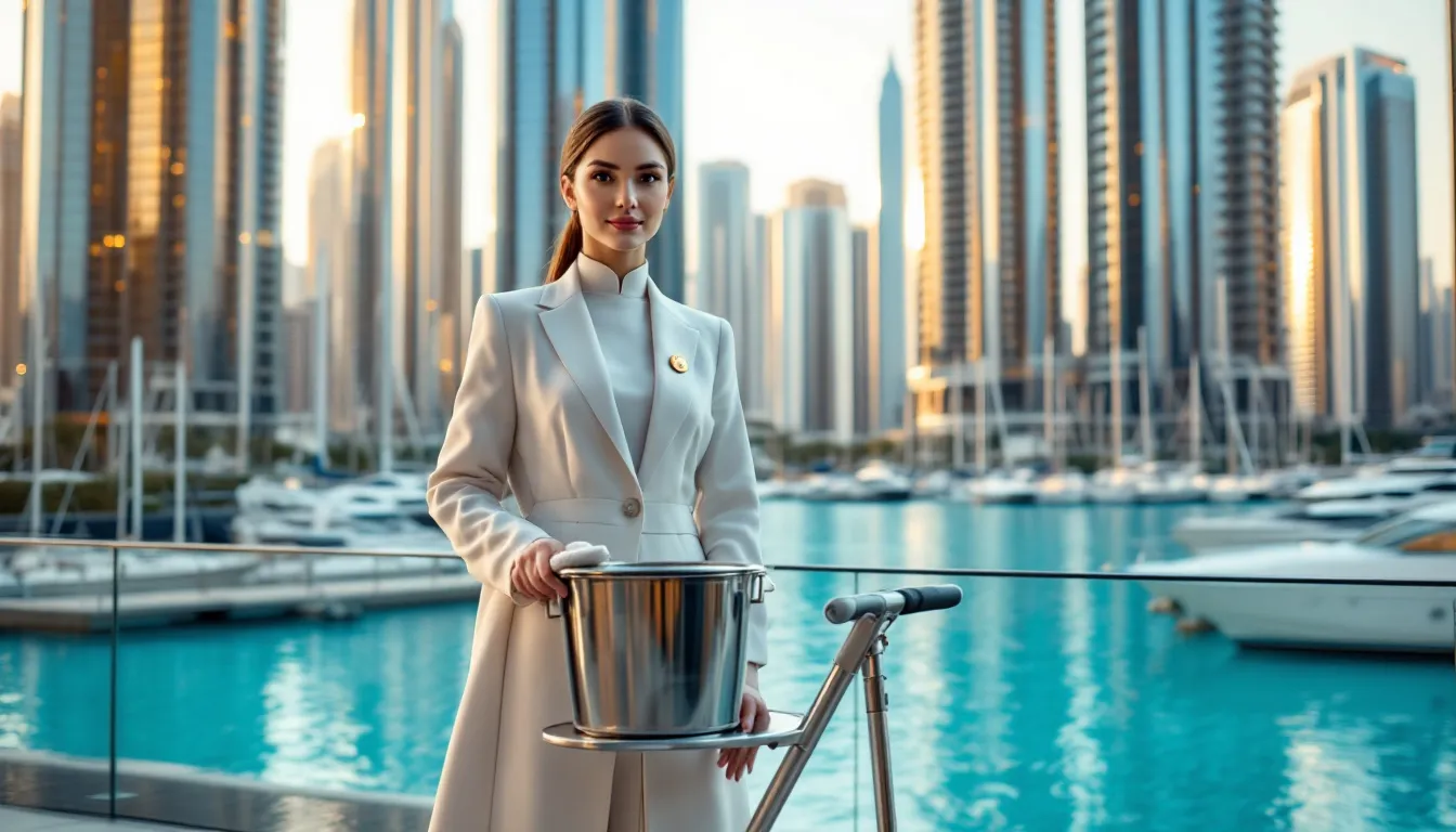 A professional cleaner showcasing deep cleaning services in Dubai.