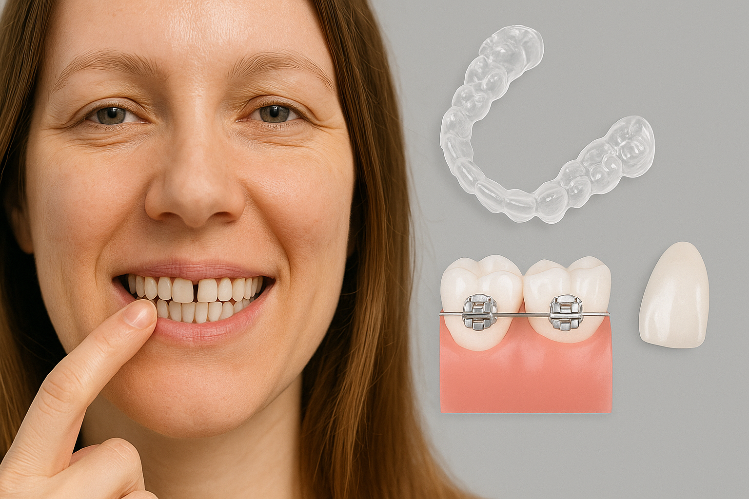 Kvinne peker på glippe mellom tennene sine, ved siden av vises løsninger som tannregulering, gjennomsiktige skinner og skallfasetter.