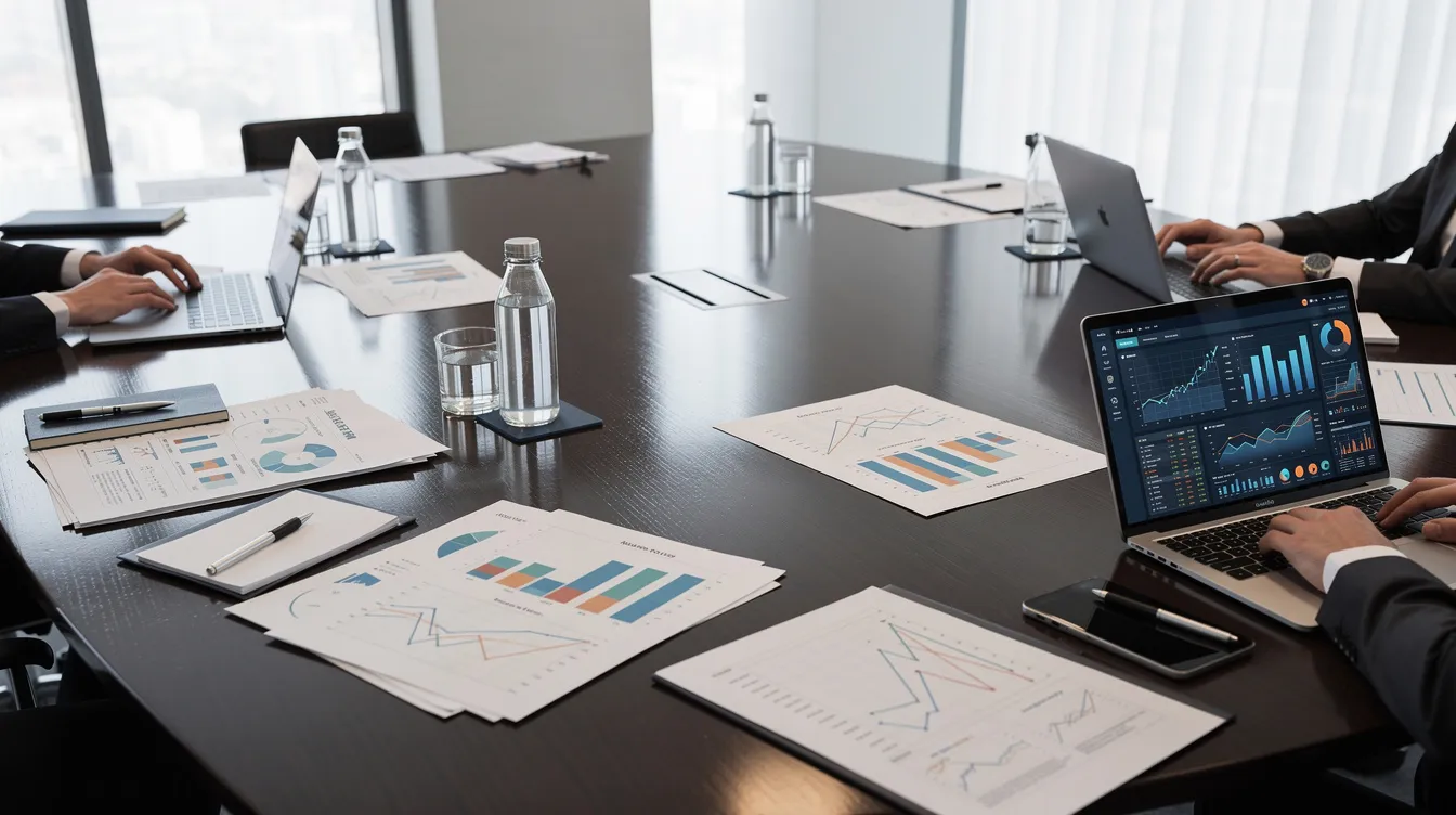The image depicts a board meeting table surrounded by board members, with financial reports and charts displayed on laptops, emphasizing the importance of financial management in property operations. This scene reflects the collaborative efforts of property management professionals in New York City to address the needs of property owners and enhance building management services.
