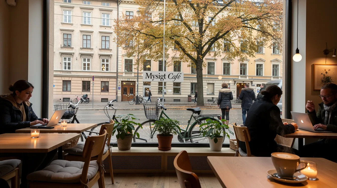 Ett mysigt café på Östermalm i Stockholm, med ett stort fönster som ger en vacker utsikt över en trädkantad stadsgata. Caféet har en inbjudande atmosfär och erbjuder en unik design, perfekt för en paus i den livliga staden.