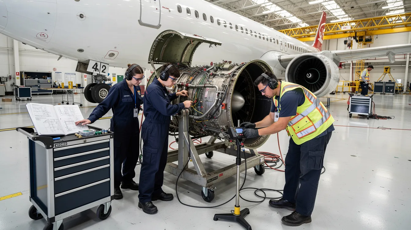 In an aircraft maintenance bay, a group of apprentices collaborates on hands-on training, working together to gain practical skills as aviation maintenance technicians. This on-the-job training is essential for preparing them for successful careers in the aviation industry.