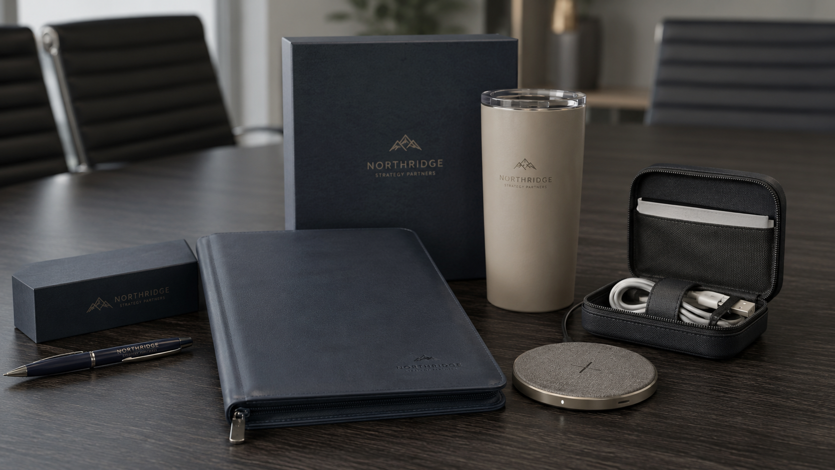 Board meeting gift set with a folio, tumbler, pen, cable organizer, wireless charger, and presentation boxes