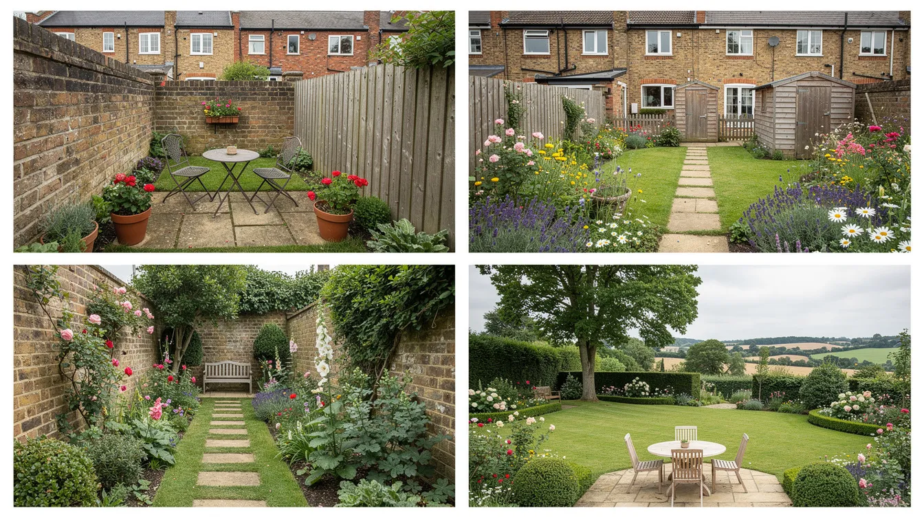 The image features four panels showcasing UK gardens of various sizes, each displaying lush green lawns with fresh green shoots and healthy grass. Viewers can observe different lawn areas, highlighting the potential for professional results with the right lawn pack and care, including proper watering schedules and fertilisation for lasting results.