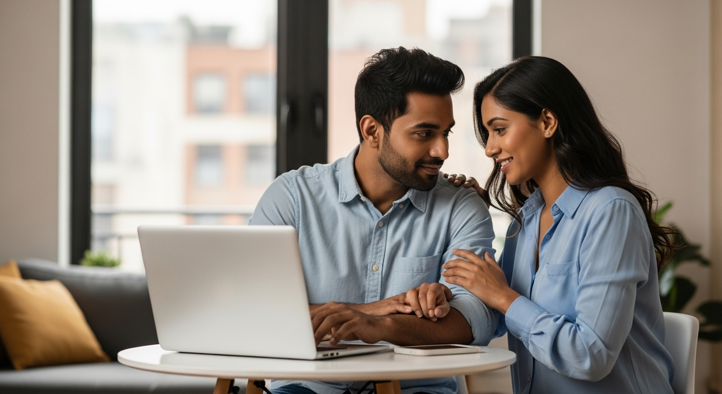 Indian professional couple in a New York apartment sitting close together during an online couples counseling session on a laptop.