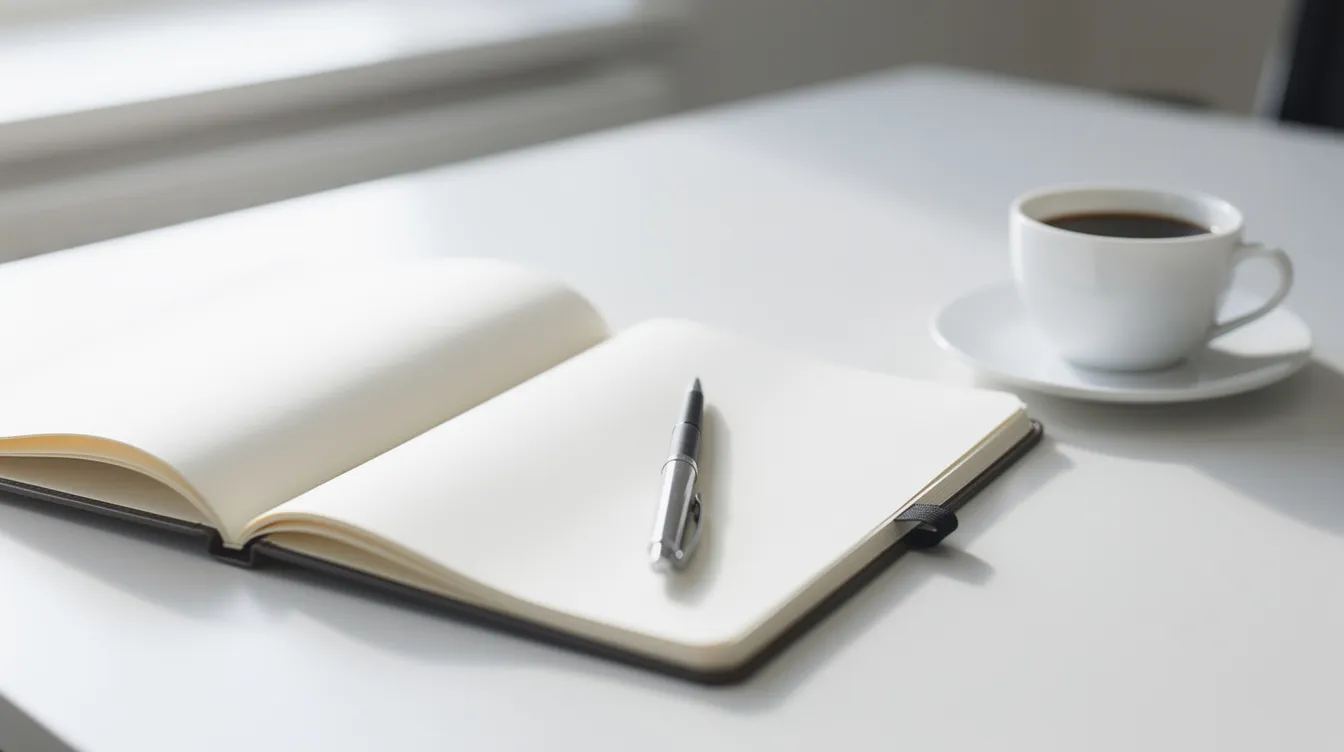 L'image montre un carnet ouvert sur un bureau, accompagné d'un stylo et d'une tasse de café, dans une ambiance professionnelle lumineuse. Cet espace de travail évoque la confiance en soi et l'estime de soi, des éléments essentiels pour réussir dans sa vie professionnelle.