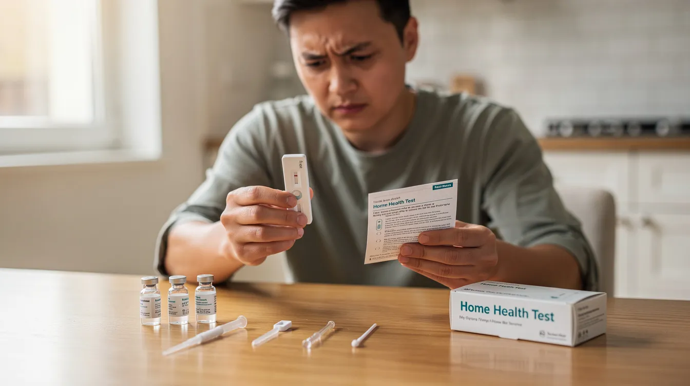 A person is closely examining a health testing kit at home, which may be used for telomere length testing to assess their biological age and cellular aging. The kit could provide insights into telomere shortening, which is associated with various age-related diseases and health outcomes.