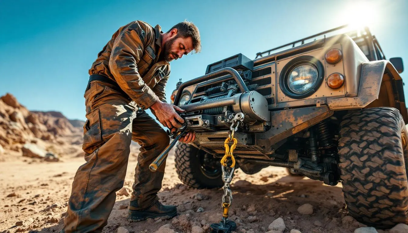 An expert installing a hydraulic winch on a 4x4 vehicle.