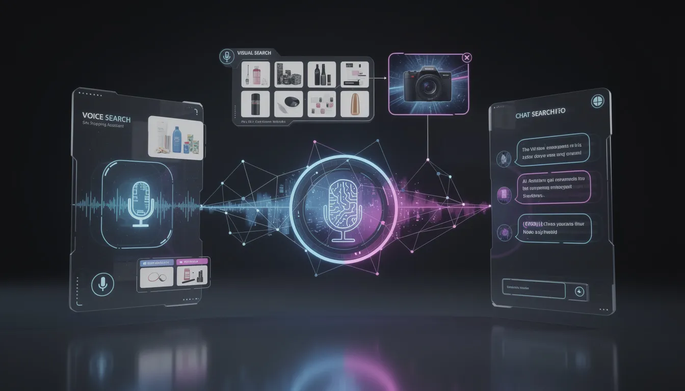 The image depicts a sleek, futuristic interface that integrates voice, chat, and visual search features, all connected to a powerful AI shopping assistant designed to enhance the online shopping experience. This virtual shopping assistant utilizes advanced technologies like natural language processing and machine learning to provide personalized recommendations, engage with customer queries, and streamline the shopping journey for users.