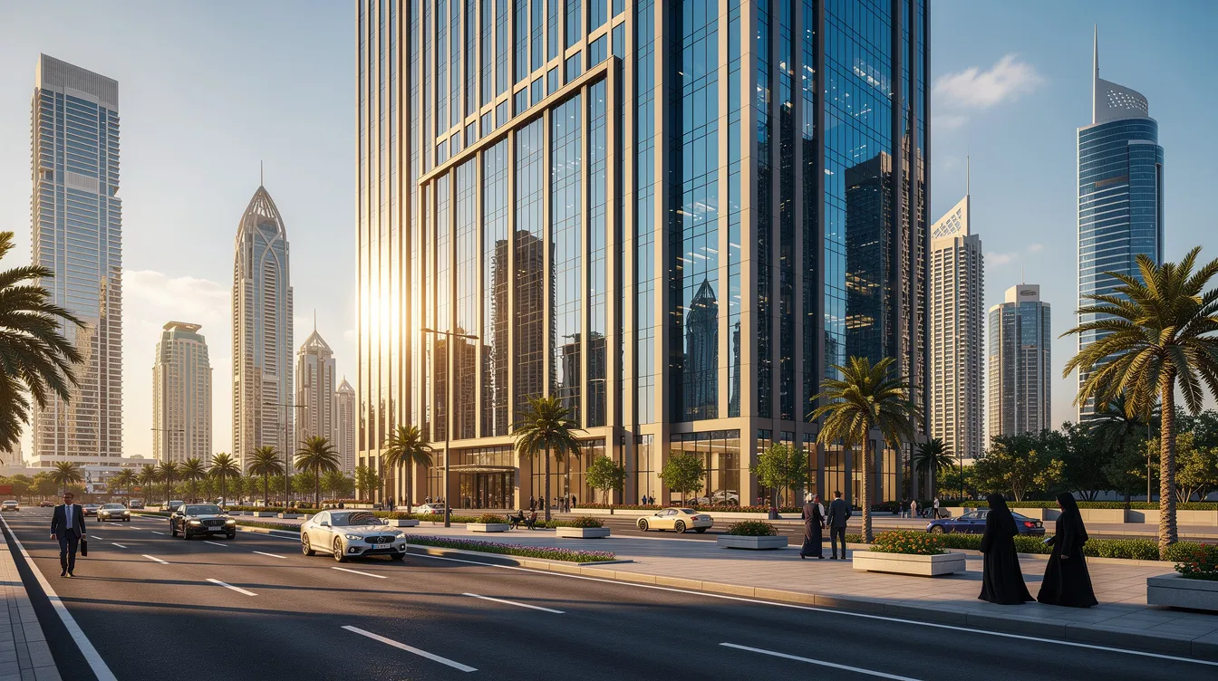 The image depicts a modern commercial building situated in the bustling Dubai International Financial Centre, showcasing sleek architecture that reflects Dubai's real estate market. This prime property is a key asset for real estate investors looking to capitalize on the growing interest in property ownership and investment opportunities in Dubai.