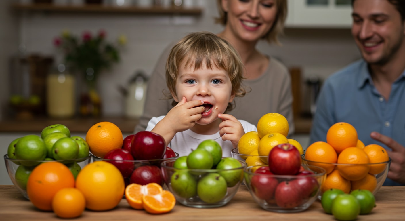 A child trying different sweet and sour fruits for the first time
