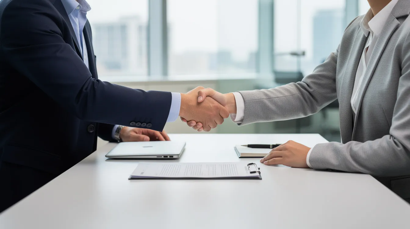 The image shows two professionals shaking hands across a sleek office desk, symbolizing a successful partnership or agreement, possibly related to a wrongful death lawsuit. The setting conveys a sense of formality and collaboration, highlighting the importance of legal representation in navigating wrongful death claims and seeking fair compensation for surviving family members.