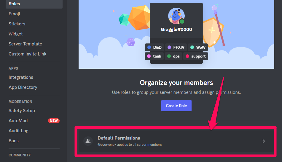 Closeup image showing the Default permissions tab on Discord