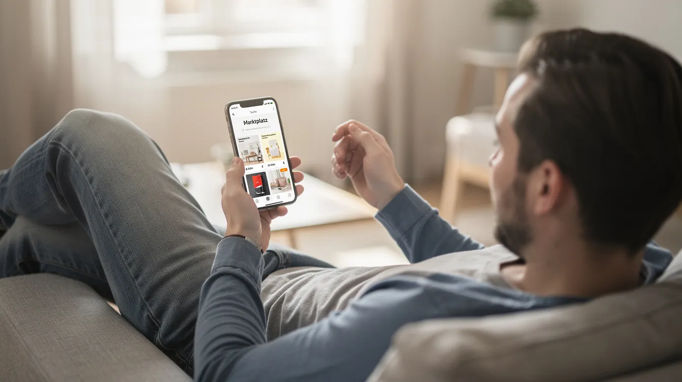 Eine Person sitzt entspannt auf einem Sofa und hält ein Smartphone in der Hand, auf dem die eBay Kleinanzeigen-App geöffnet ist. Der Bildschirm zeigt verschiedene Anzeigen für Artikel und Möbel, während die Person durch die Plattform scrollt und nach interessanten Angeboten sucht.