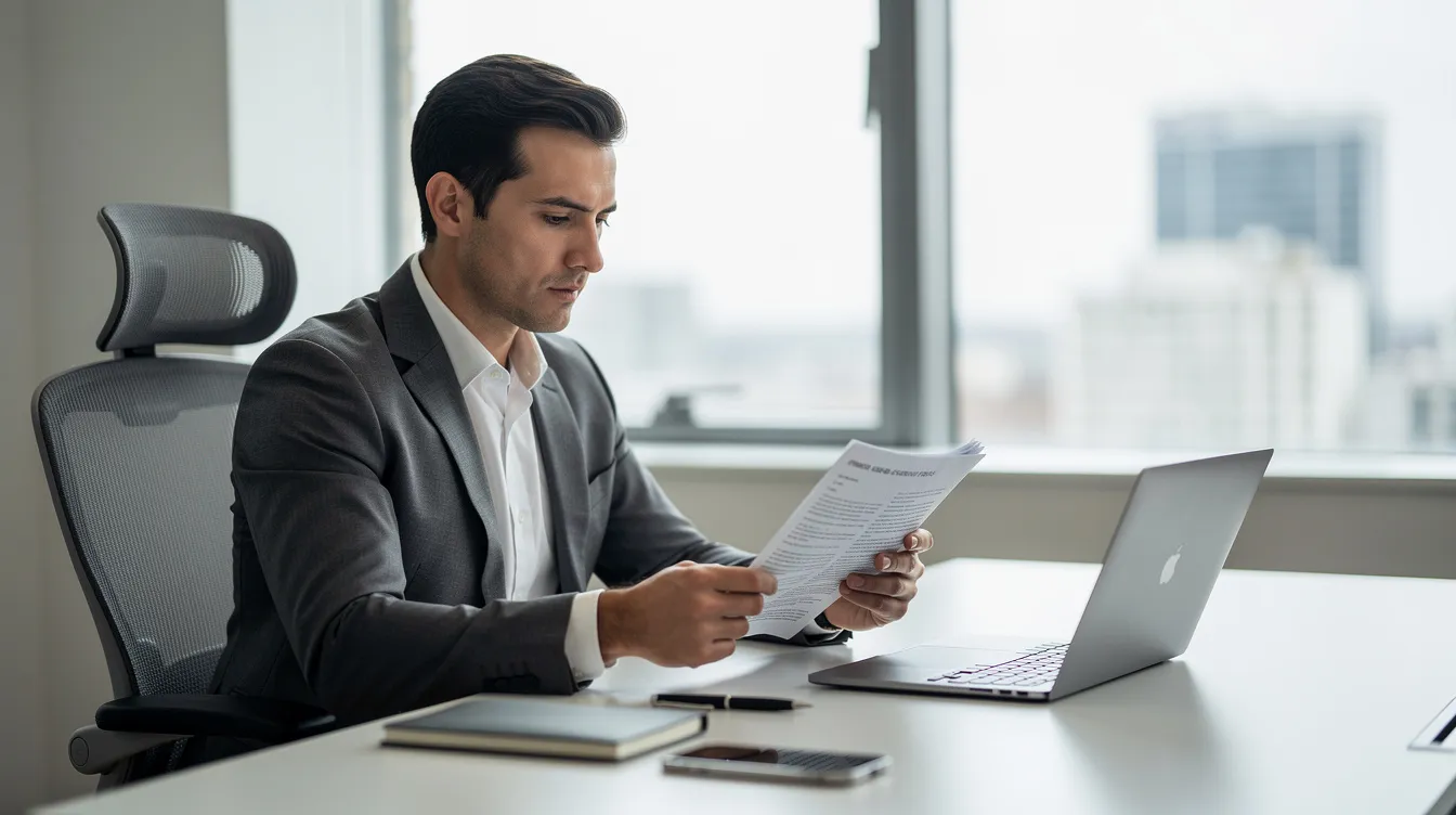 A professional in business attire is seated at a desk, reviewing documents while a laptop is open in front of them. The scene conveys a sense of diligence and focus, typical of 公務員 專業人士 engaged in financial tasks such as loan applications or reviewing terms and conditions.