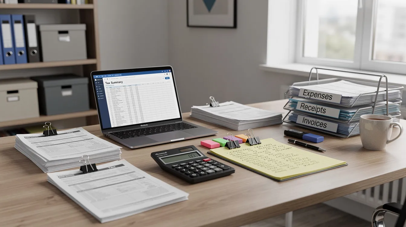 The image depicts a professional office workspace filled with tax documents, including forms related to the employee retention credit (ERC) and payroll tax returns. Various papers are organized neatly on a desk, highlighting the importance of maintaining accurate records for eligible employers to claim the refundable tax credit and support their business operations.