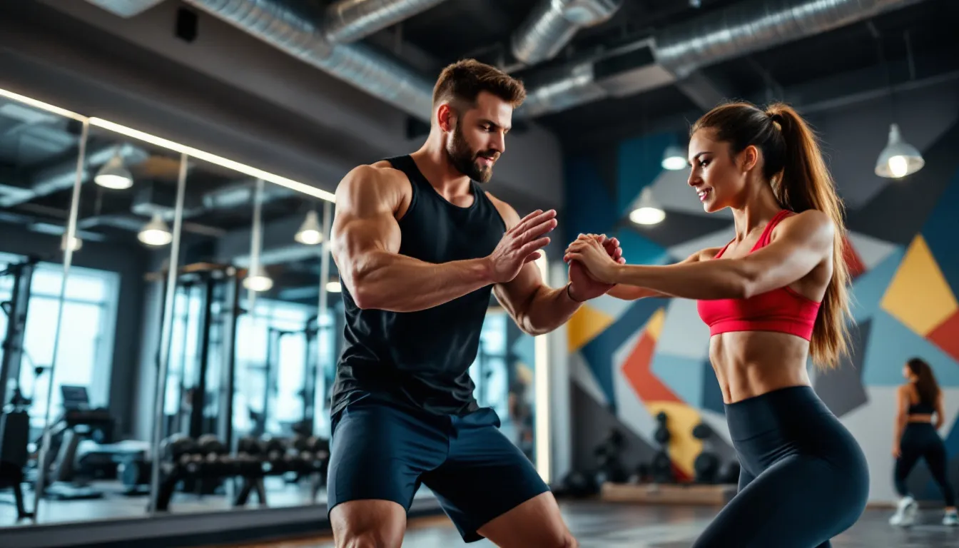 Ein Personal Trainer arbeitet mit einem Klienten im Fitnessstudio.