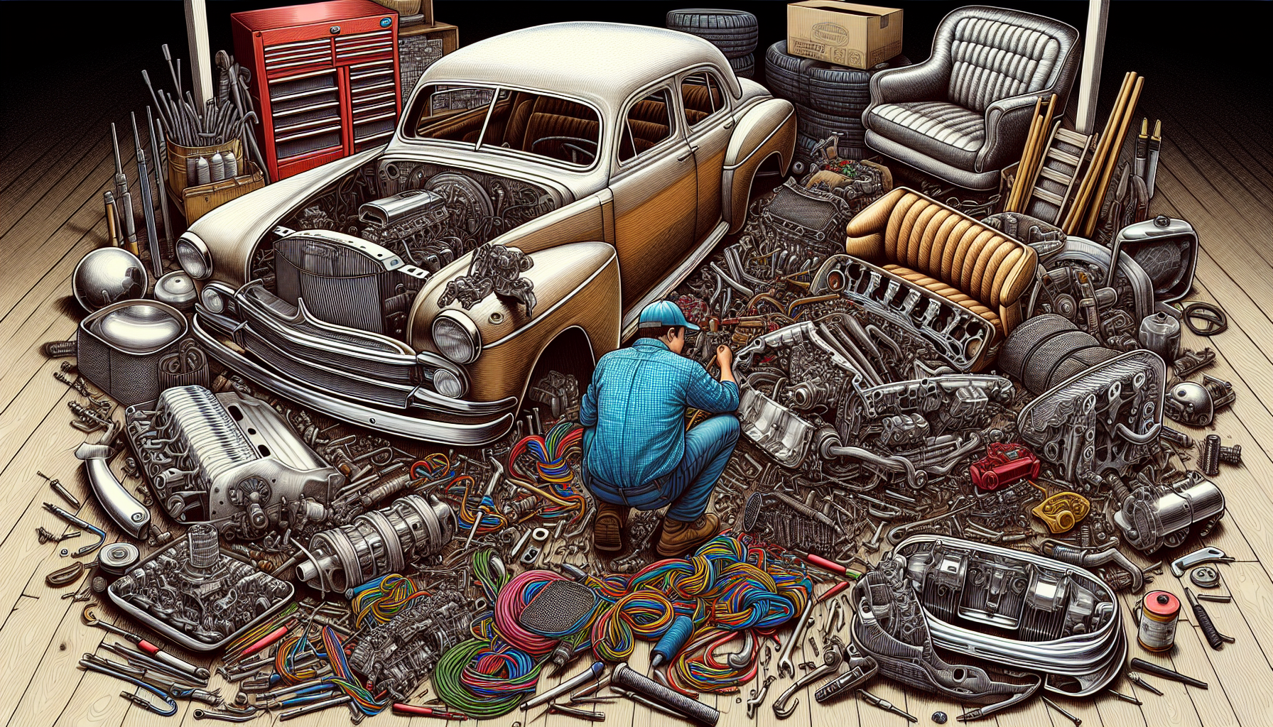 Person dismantling a car and sorting parts