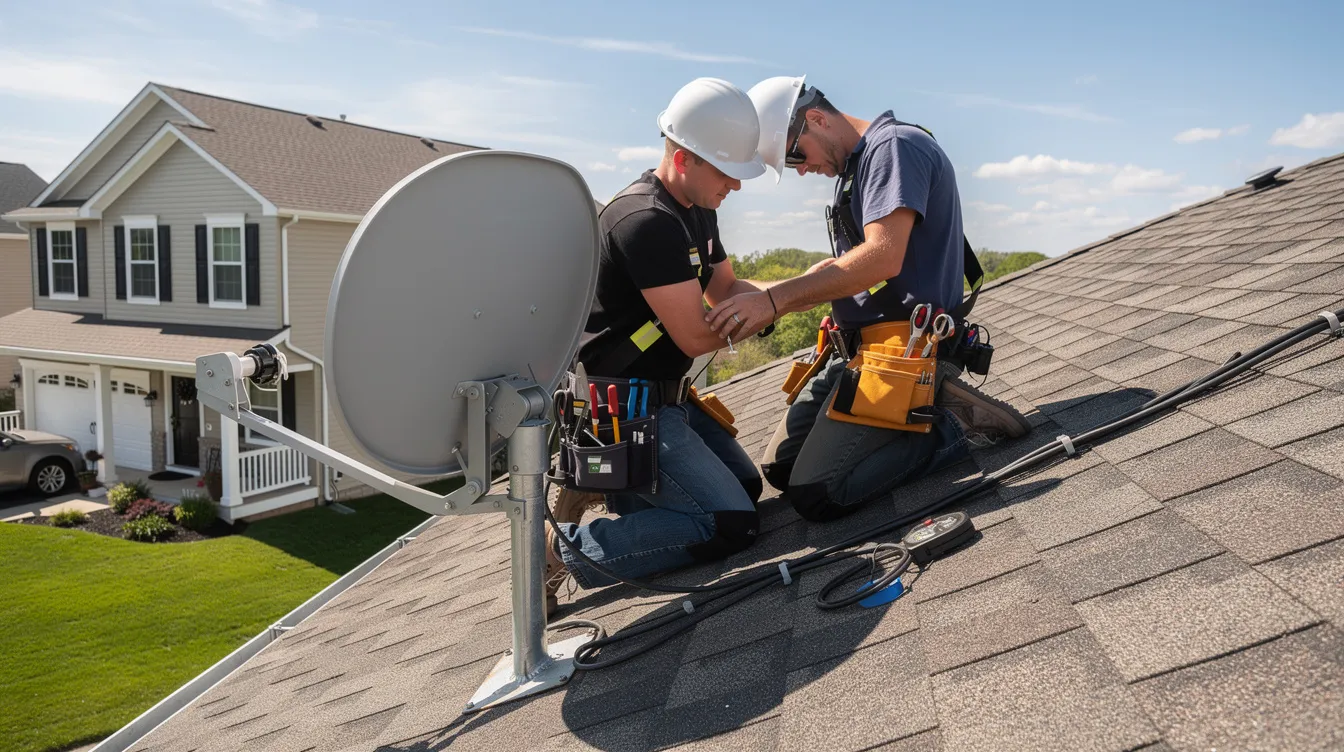 A technician is seen installing a satellite dish on the roof of a residential home, ensuring proper alignment for optimal signal strength. This professional DSTV installation service is crucial for providing uninterrupted access to DSTV channels and enhancing viewing experiences for residents in Betty's Bay.
