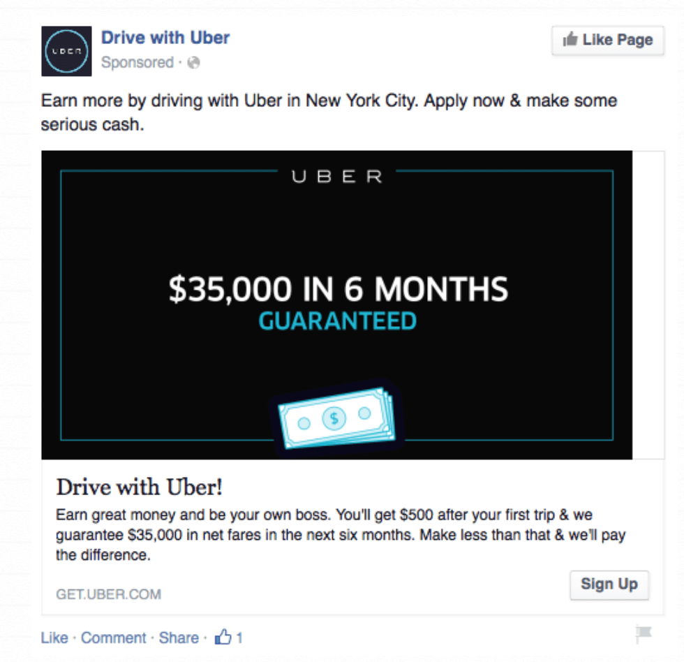 A screenshot of a Facebook advert from Uber. 