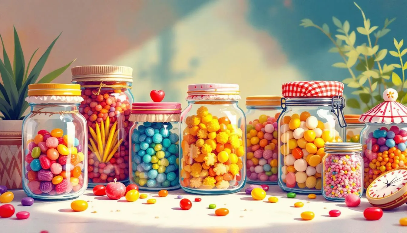 Sweet-filled jars beautifully arranged, ideal for homemade gifts that kids can make for teachers.