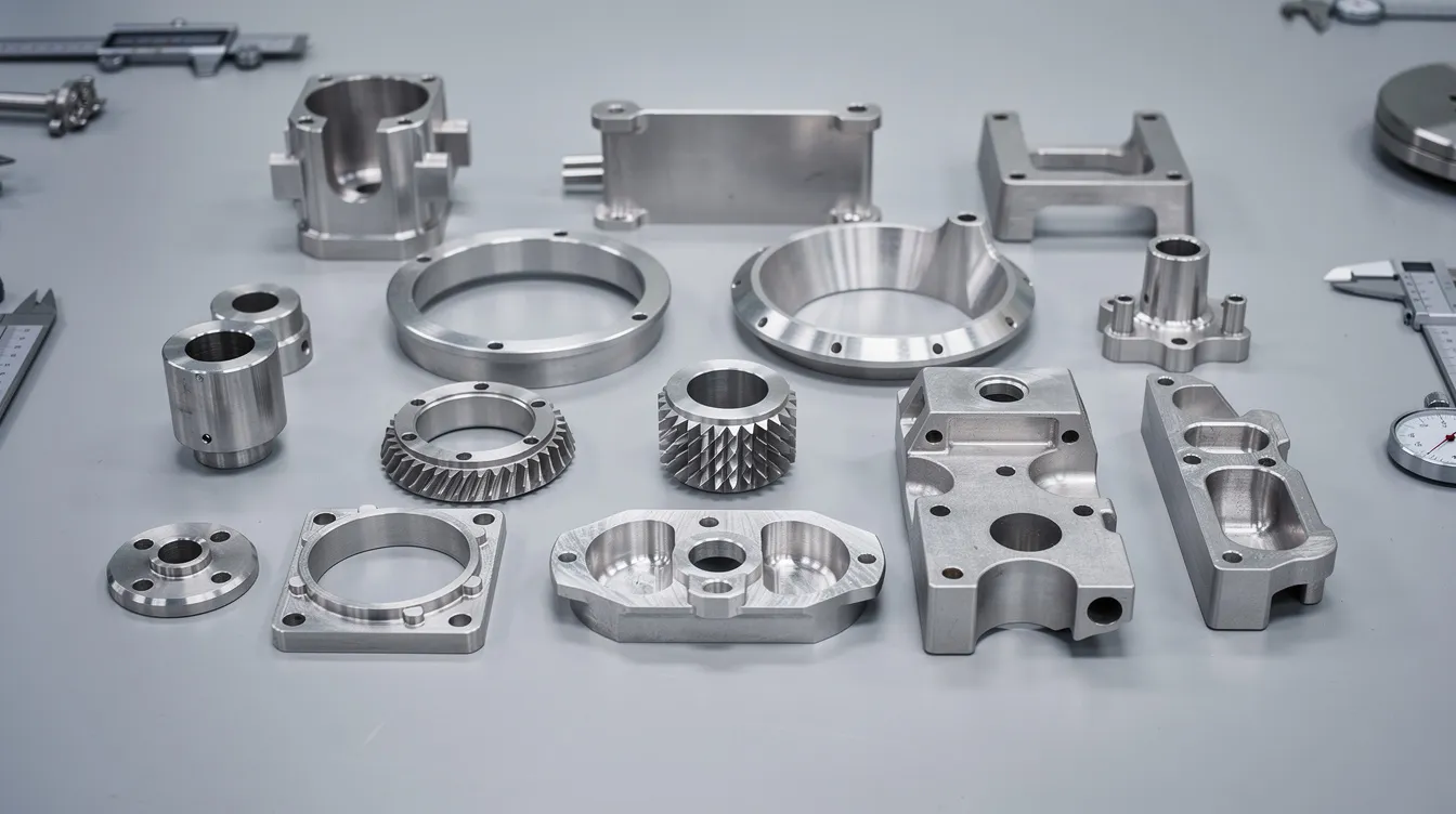 An array of various CNC-machined aerospace metal parts, including structural components and engine parts, is meticulously laid out on an inspection table, showcasing the precision and complexity of aerospace manufacturing. These high-precision components, crafted from aluminum and titanium alloys, highlight the advanced CNC machining processes used in the aerospace industry.