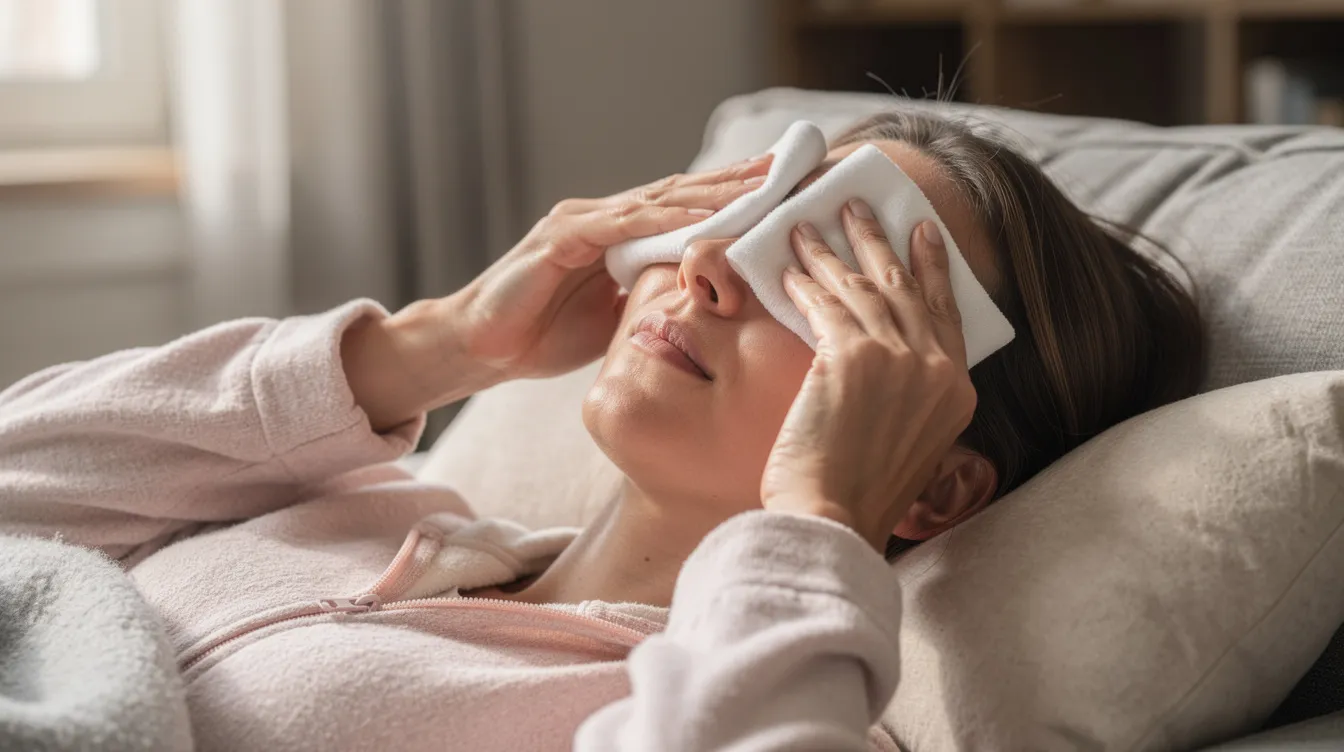 A person is applying a cold compress to their closed eyes while resting, likely to soothe discomfort after upper eyelid surgery. This image captures the healing process following an upper blepharoplasty procedure, aimed at reducing the appearance of tired, hooded eyes.