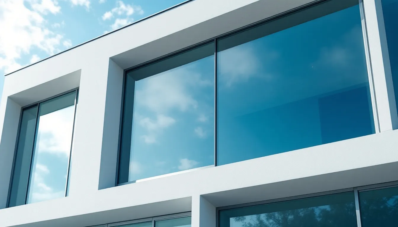 De afbeelding toont een moderne, minimalistische gevel van een gebouw, met strakke geometrische lijnen en Kömmerling Cube kozijnen. De hoogwaardige kunststof kozijnen zijn ontworpen met een slanke vorm en bieden zowel een esthetische uitstraling als hoge isolatiewaarden.