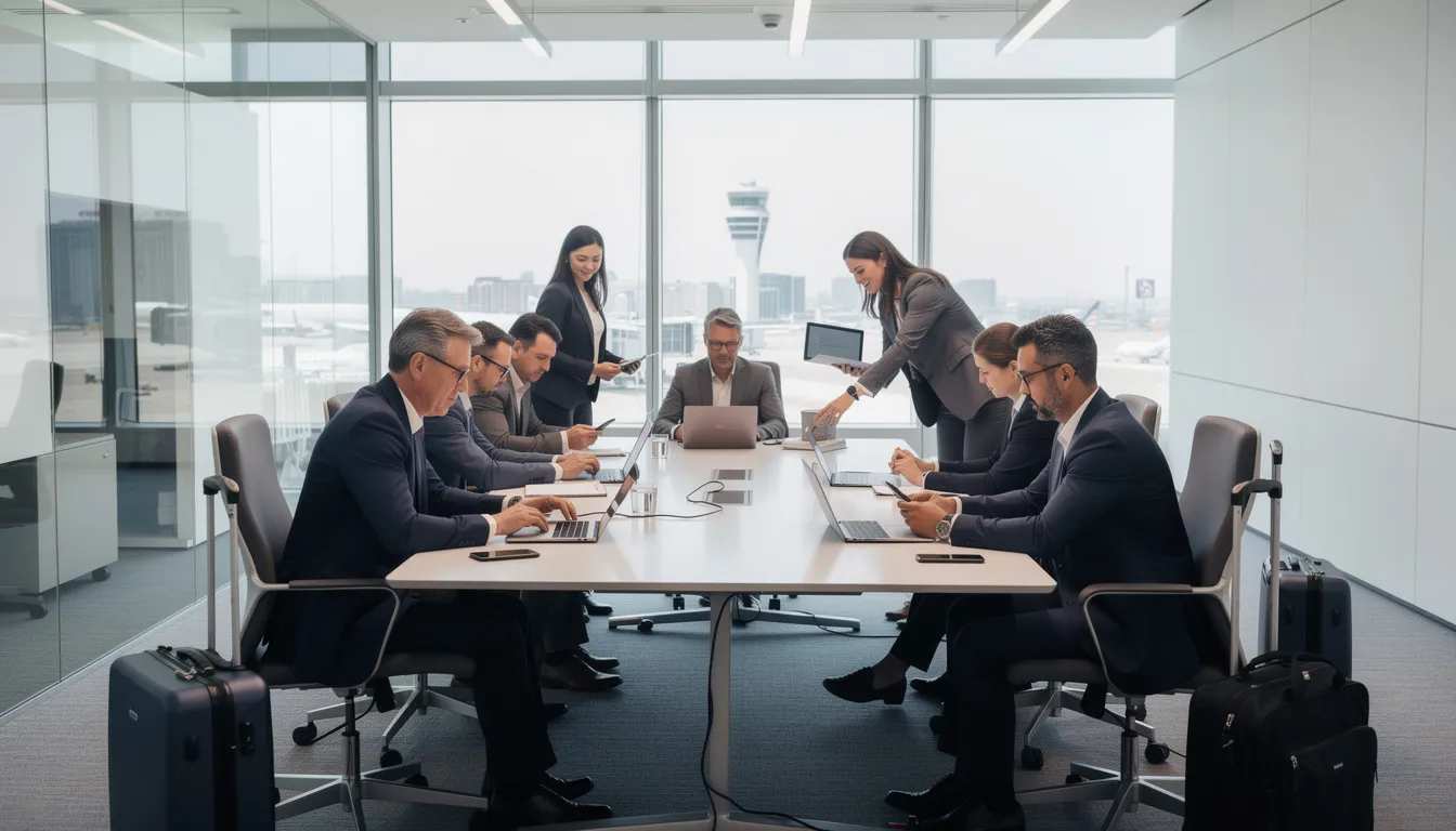 A group of business travelers collaborates at a conference table, each focused on their laptops and phones, discussing strategies for secure password management and the importance of using unique passwords to protect sensitive data. The scene highlights the need for reliable password managers to ensure online security during their travels.