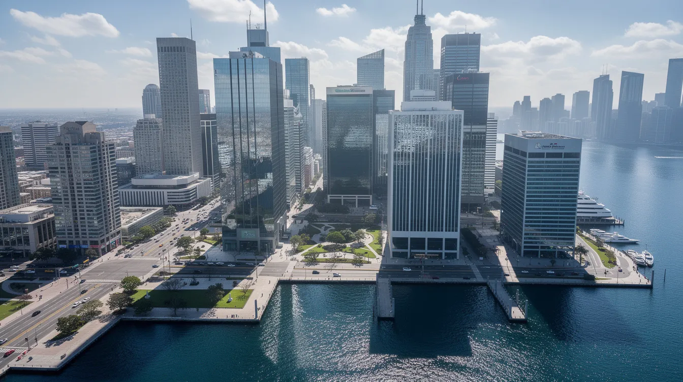 An aerial view showcases a modern global financial district featuring sleek glass skyscrapers that reflect sunlight, situated near a vibrant waterfront. This bustling area is emblematic of some of the most expensive cities in the world, where high living costs and expensive housing markets are prevalent.