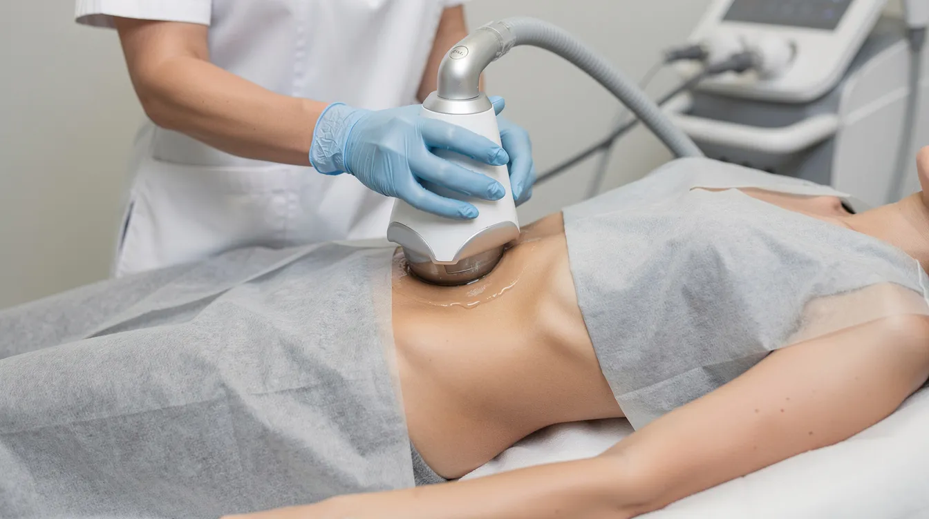 An applicator for cryolipolysis is being carefully placed on a patient's abdomen during a non-invasive fat removal session, designed to target and destroy fat cells without harming the surrounding tissues. This cosmetic procedure utilizes controlled cooling to reduce stubborn fat and contour the body effectively.