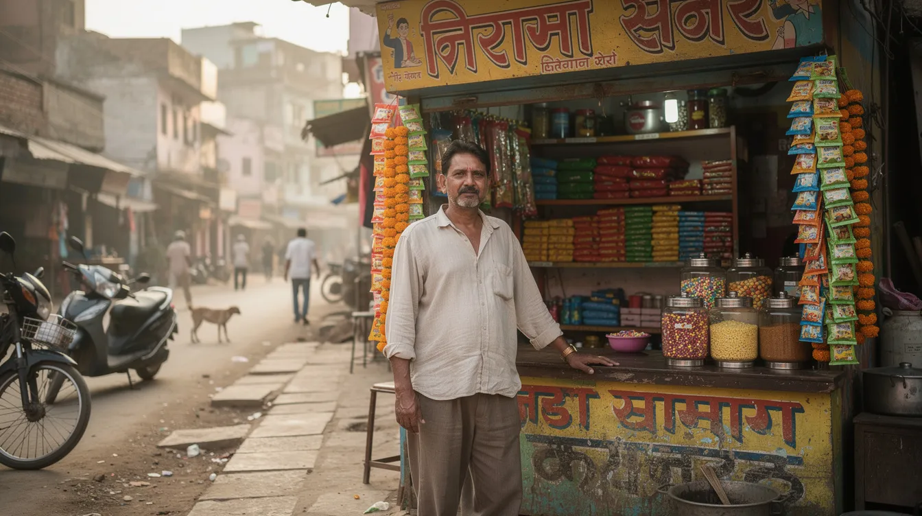 A small shop owner stands proudly outside a vibrant street-side retail store in an Indian town, showcasing the entrepreneurial spirit fostered by government schemes like Mudra loans, which provide financial assistance for micro enterprises and income-generating activities. The colorful storefront reflects the owner's dreams and efforts to grow their business with the help of accessible credit options.