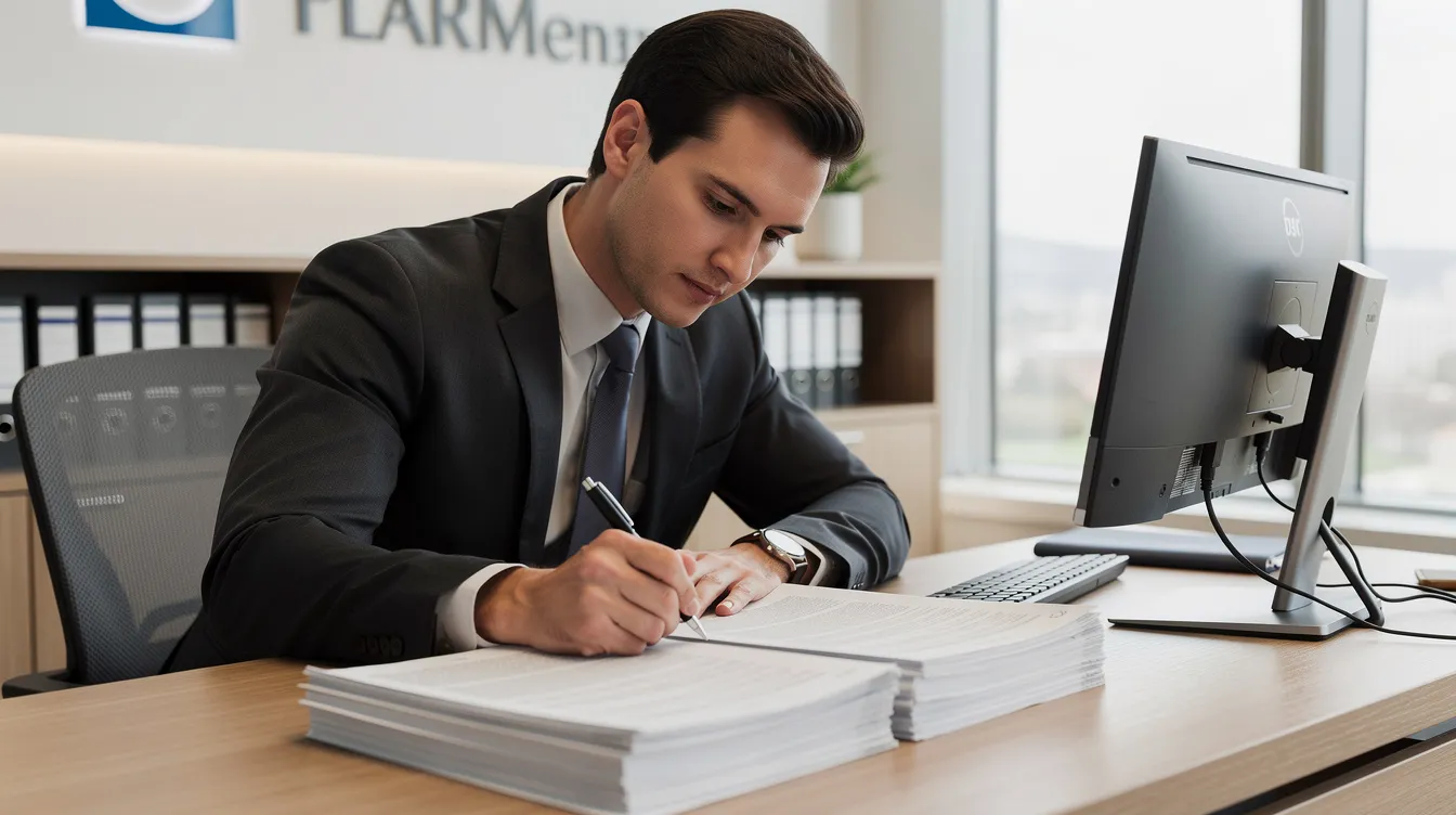5ac6bfbe e3da 4a56 8005 a9296af406cb A bank officer is seated at a desk, meticulously reviewing a stack of financial documents related to a micro enterprise's project report, which includes details on project logistics and commercial aspects for a potential mudra loan. The officer appears focused, highlighting the importance of thorough documentation in securing funding from lending institutions.