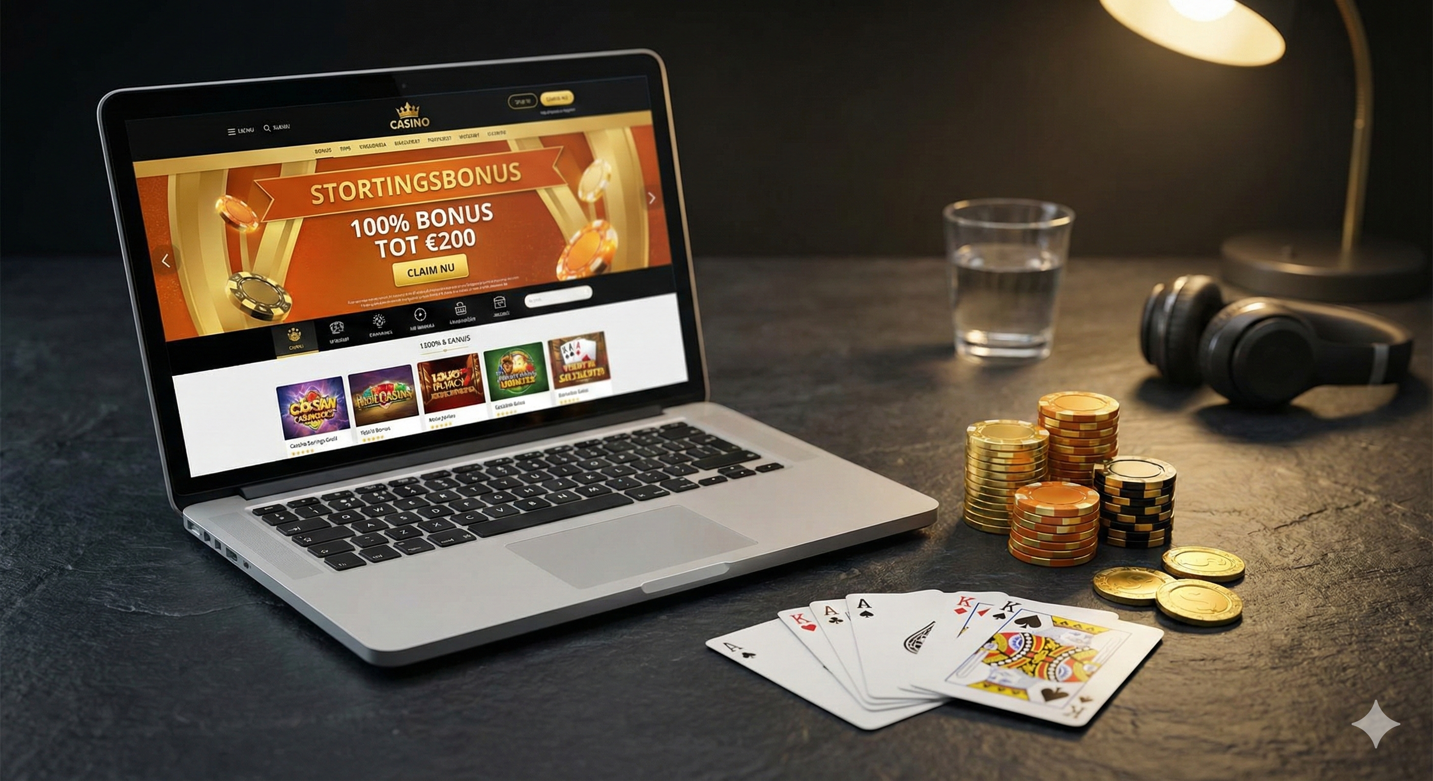 Online casino stortingsbonus op laptop met 100% bonus tot €200, casinofiches en speelkaarten op tafel, voorbeeld van casino bonus bij online casino.