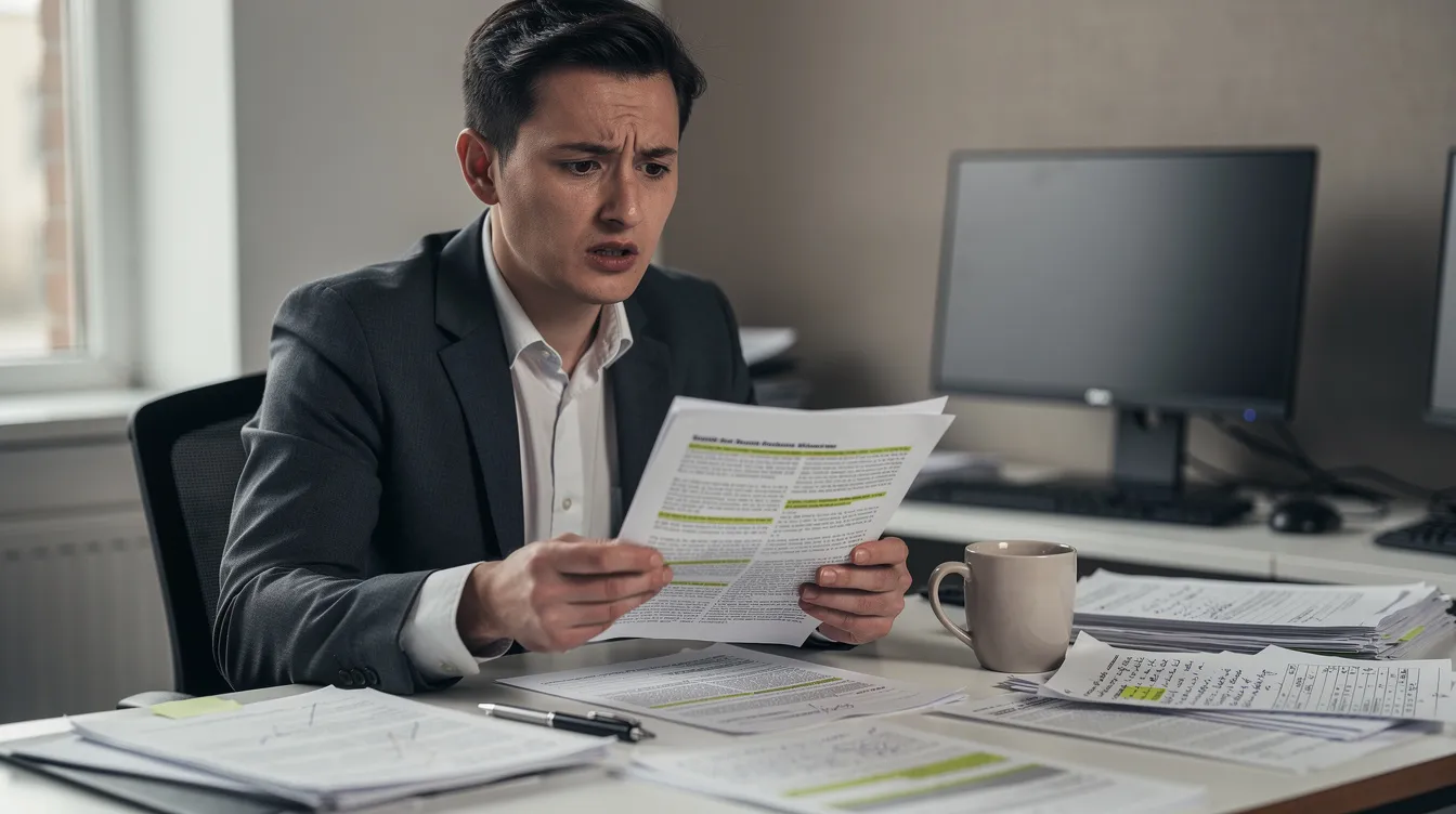 The image shows a person sitting at a desk, looking concerned while reviewing documents related to their social security disability claim. The expression suggests they may be worried about the implications of their medical records and the potential challenges in the application process for disability benefits.
