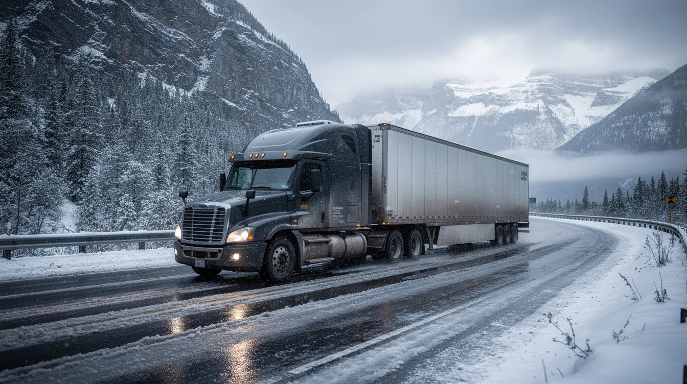 A commercial truck navigates a winding mountain highway blanketed in snow, showcasing the challenges of winter driving conditions. The scene highlights the potential risks of truck accidents in Colorado, emphasizing the importance of safety for truck drivers and the trucking industry.