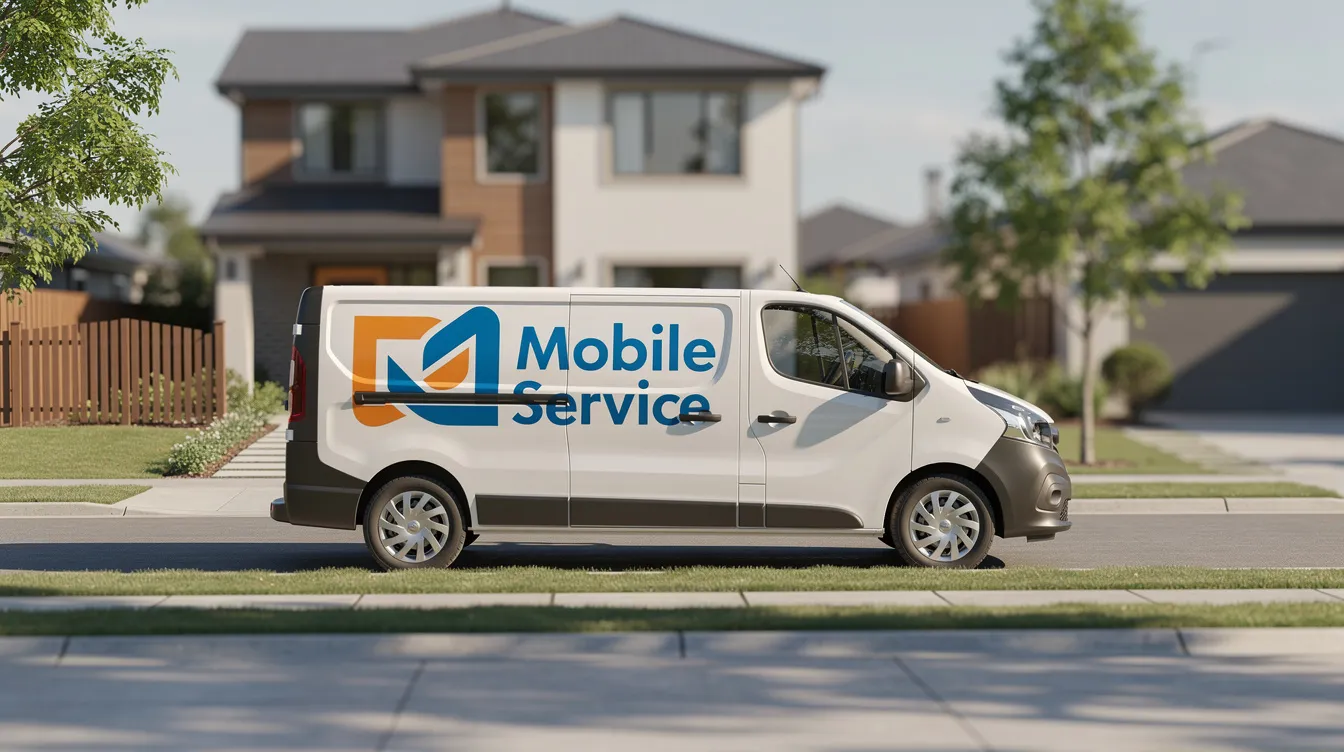 A mobile service van is parked outside a residential property, indicating a potential franchise business operation. This setup may involve various costs, including initial franchise fees and ongoing expenses, as the service provider prepares to assist homeowners.